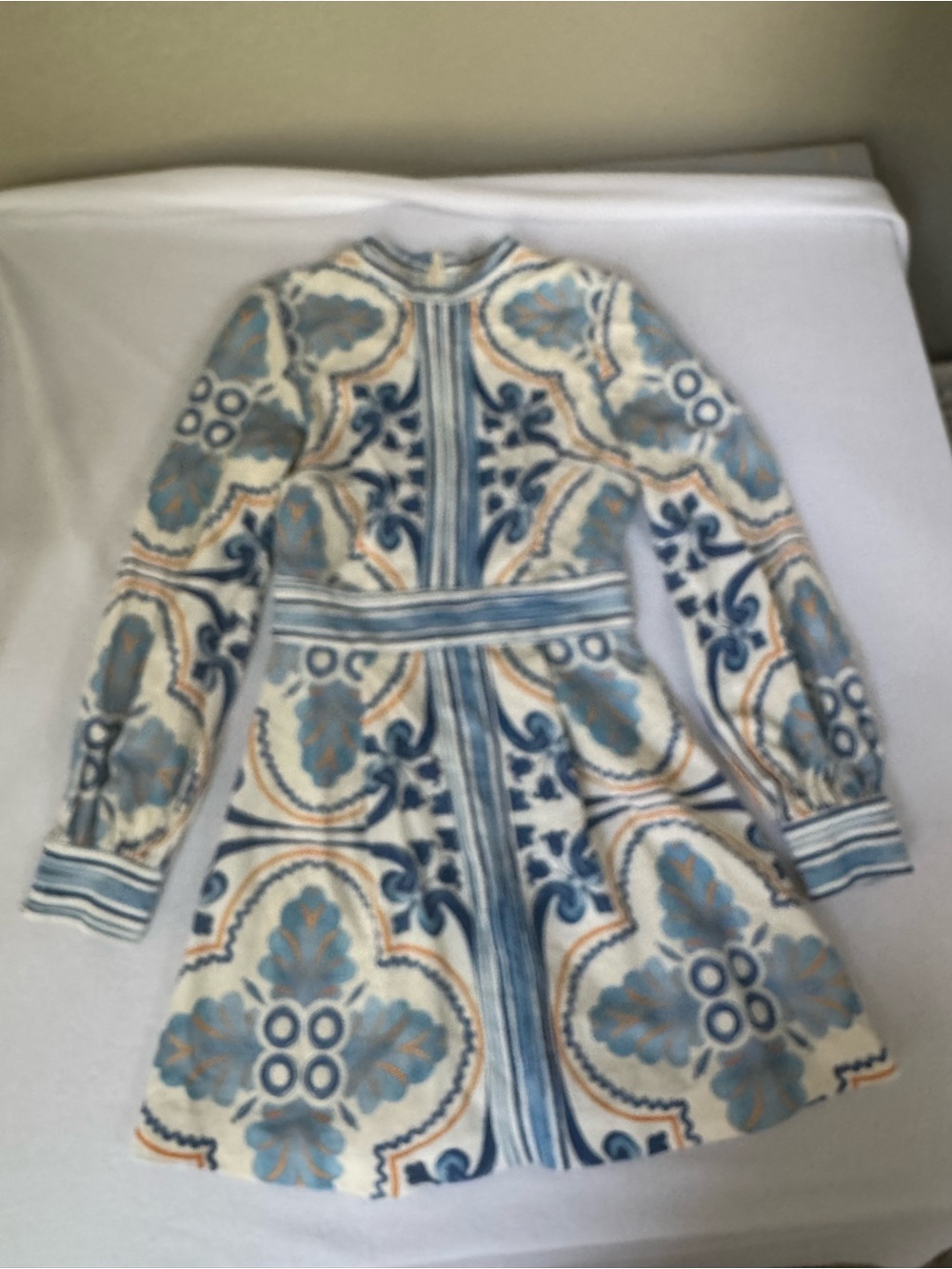 Finders Keepers Blue and White Patterned Long-Sleeve Mini Dress - Picture 2 of 16